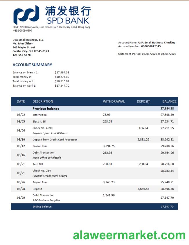 Shanghai  Pudong Development business bank statement Word and PDF template